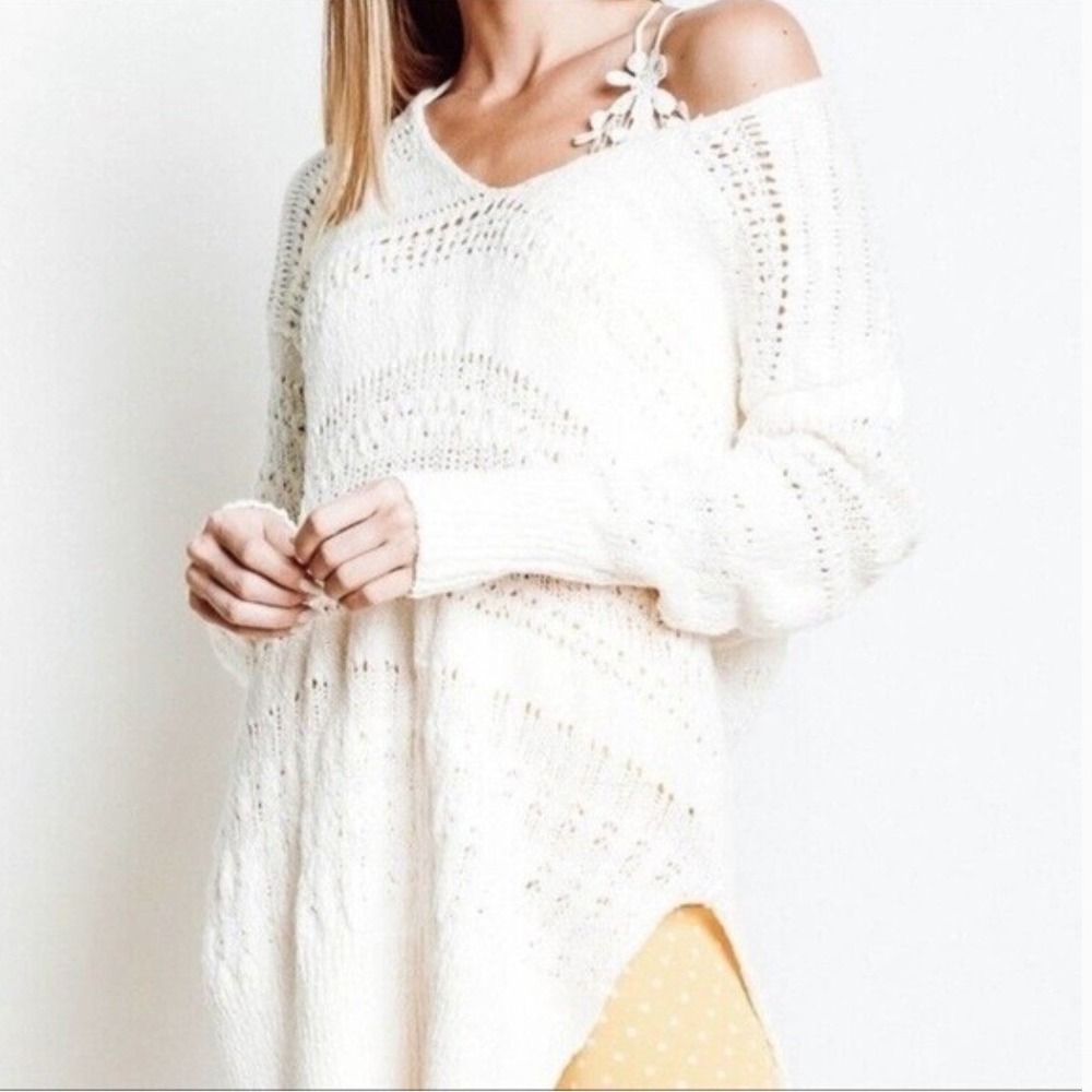 Free People Hot Tropics Open Knit Pullover Cotton Sweater SZ L Boho Festival - Picture 2 of 11